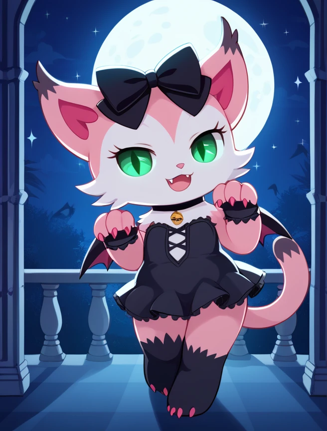 score_10, score_9_up, score_8_up, Vampire_Mia, 1girl, solo, looking at viewer, smile, open mouth, bow, green eyes, tail, hair bow, wings, no humans, sparkle, black bow, :3, night, fangs, moon, cat, bat wings, full moon, body fur, mansion, night dress, glowing eyes, claws