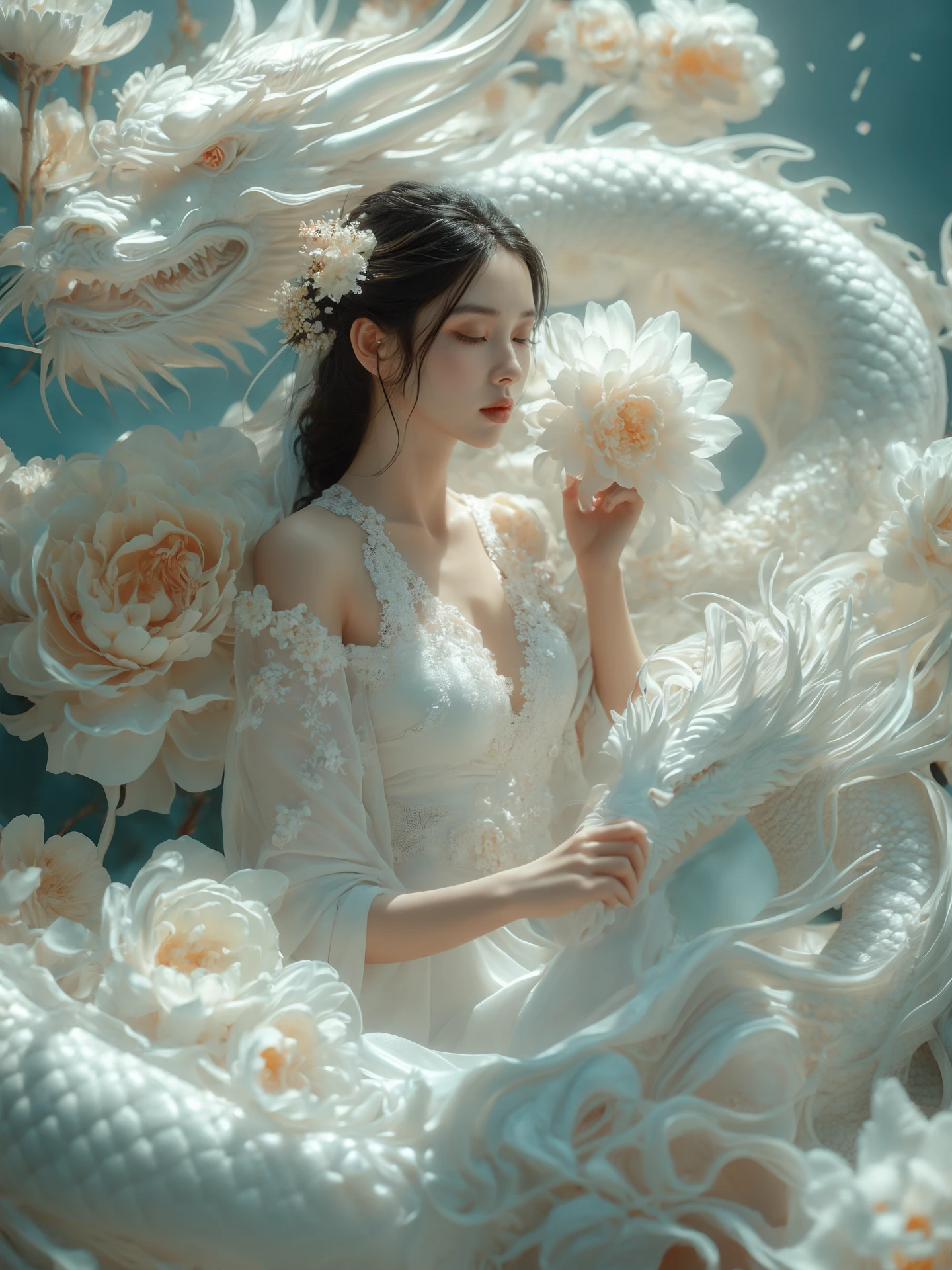 mumumdl,1girl,flower,eastern dragon,soft lighting,<lora:mumumdl_20240429203904:0.8>,