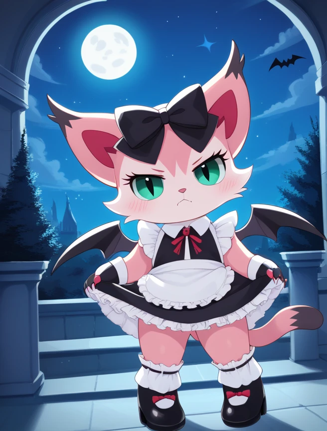 score_10, score_9_up, score_8_up, Vampire_Mia, 1girl, solo, looking at viewer, annoyed, bow, green eyes, tail, hair bow, wings, no humans, sparkle, black bow, :3, night, fangs, moon, cat, bat wings, full moon, body fur, mansion, maid uniform, blushing, bloomers