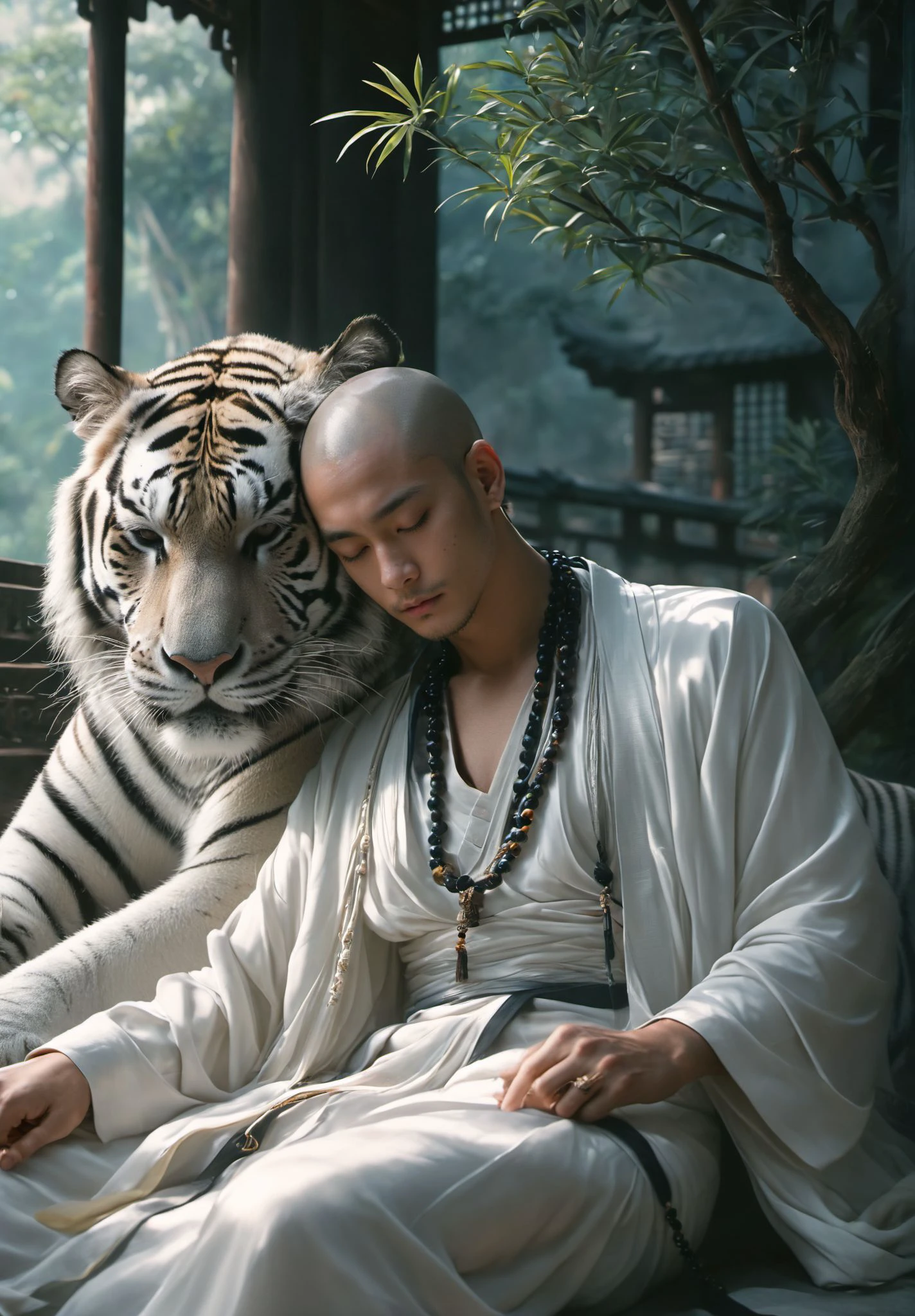 (8k, RAW photo, highly detailed,masterpiece, highest quality),rich colors,high contrast,film still,full shot body photo of the most beautiful artwork in the world,cinematic light,fantasy,highres,
xuer White tiger,solo,long sleeves,1boy,jewelry,sitting,closed mouth,closed eyes,braid,male focus,pointy ears,indoors,signature,dark skin,necklace,tree,window,animal,facial mark,sunlight,dark-skinned male,sleeping,plant,beads,robe,forehead mark,bald,architecture,east asian architecture,bead necklace,tiger,prayer beads,
<lora:绪儿 猛虎下山 xuer White tiger:0.7>,