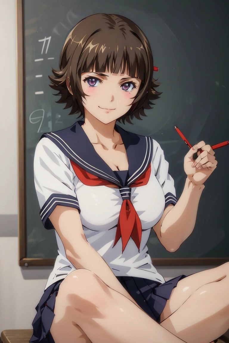 <lora:ekitokuchouhi:0.6>,ekitokuchouhi, short hair, brown hair, (red neckerchief, white shirt, purple skirt), (slight smile),,, , a photo of a woman, ((sitting, classroom, chalkboard, cleavage)), , ((detailed eyes, detailed face)),