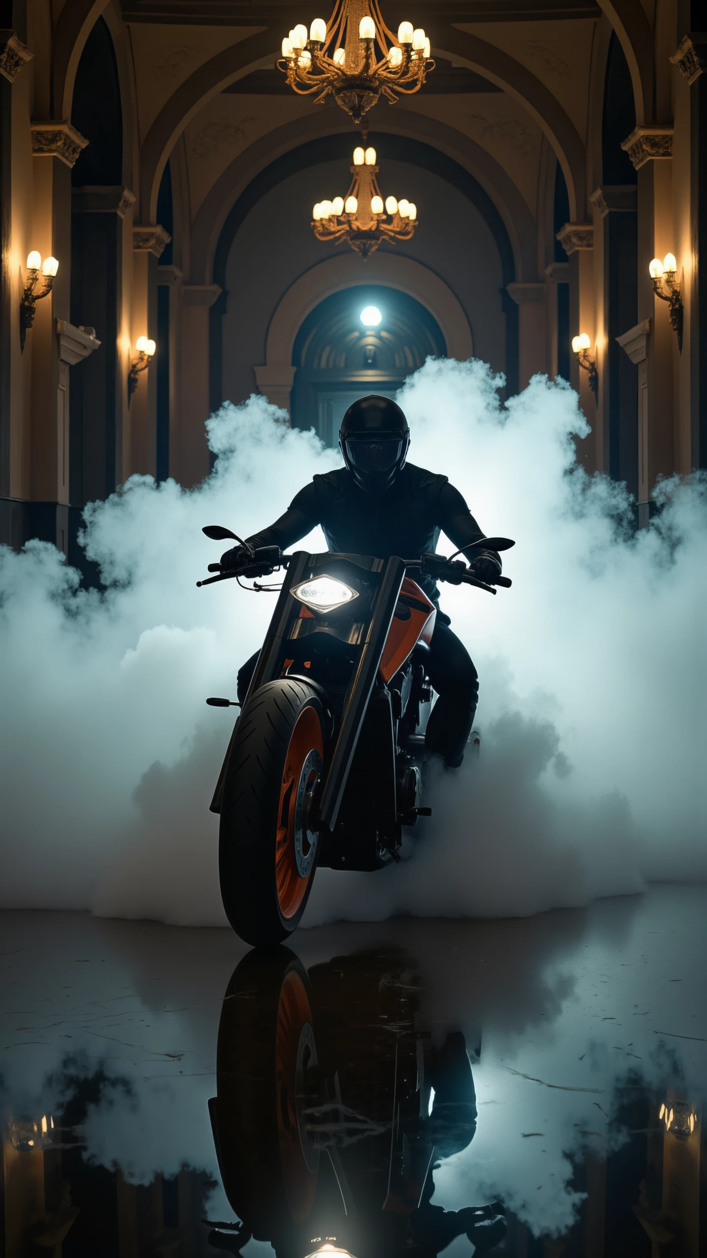 NGT, A dramatic and surreal scene featuring a rider on a NGT V-Rod, bursting through an ornate, grand indoor setting filled with swirling clouds of smoke. The NGT, with its muscular, futuristic design and powerful stance, cuts through the mist with glowing headlights, illuminating the darkened, luxurious surroundings. The rider is dressed in a sleek, black helmet and gear, giving a mysterious and imposing aura. The scene is rich in contrast, with the elegant architectural elements—such as chandeliers and columns—clashing with the chaotic movement of the smoke and the raw power of the motorcycle. The lighting casts a soft glow through the smoke, adding depth and intensity to the action-packed moment.