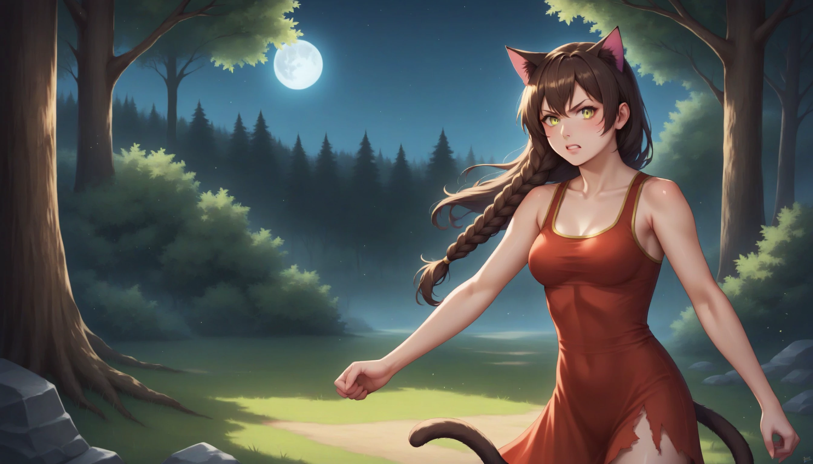 (masterpiece), best quality, expressive eyes, perfect face, score_9, score_8_up, score_7_up, source_anime, 1girl, solo, BREAK, yulia, brown hair, long hair, side braid, single braid, yellow eyes, medium breasts, anger, cat ears, cat tail, smooth body, shiny skin, BREAK, red dress, yellow edging of the dress, torn hem, fighting stance, standing in center, pose, BREAK, tree, rocks, bushes, moss, visual novel background, CG background, night, moon, forest, outdoor scenery, detailed background, photorealistic, pixiv, sharp-focus, super detail, BREAK, colorful, vibrant colors, detailed face, stunning, highly detailed, 8k, intricate, cinematic, dehazed, atmospheric, highres, best quality, detailed eyes, cowboy shot, <lora:8fa2ec5d-d4a7-4efb-94d2-27b8d1cc2911:0.7>