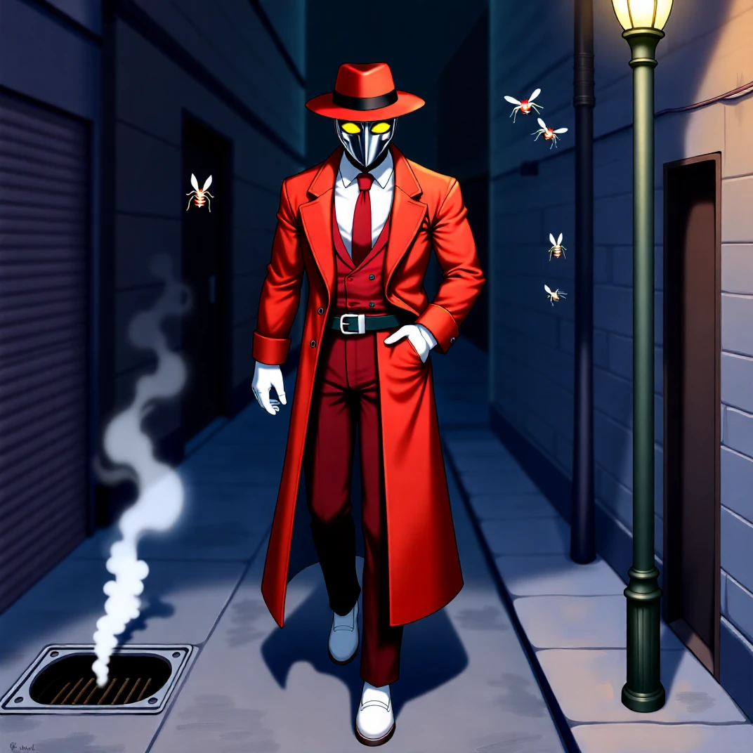 a deep and complex multi-layered painting, Q is walking down the street past in a dark alleyway, Q has identified you as his assassination target,

anime, q \(street fighter\), from front, 1boy, hat, metallic mask, glowing yellow eyes, white gloves, hand in pocket, belt, red trench coat, red fedora, white dress shoes, snappy, best quality, 

inkblot anime, thick deep coloration style, watercolor background, dark alley, night, pastel colors, very dark,

there is a storm drain nearby with steam floating upward, a nearby street lamp with insects floating around it