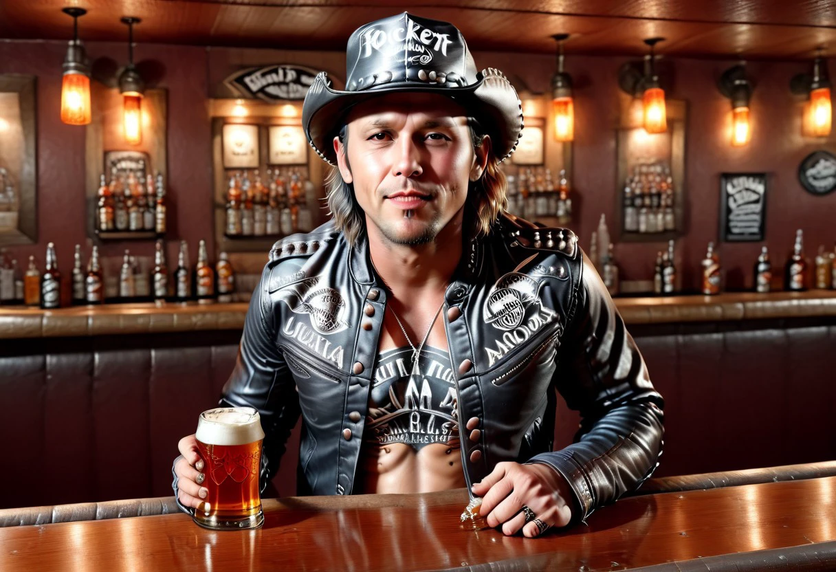 "Ultra realistic with high quality and ultra detail with excellent focus and contrast, in photorealistic style image, ultra realism, high resolution of 1 man wearing rocker clothes leather jacket, leather hat, leather pants and leather boots, full length portrait is in a smoky bar drinking beer from a bottle, correct and accurate anatomy, correct objects and detail in the image excellent visualization of the whole picture,