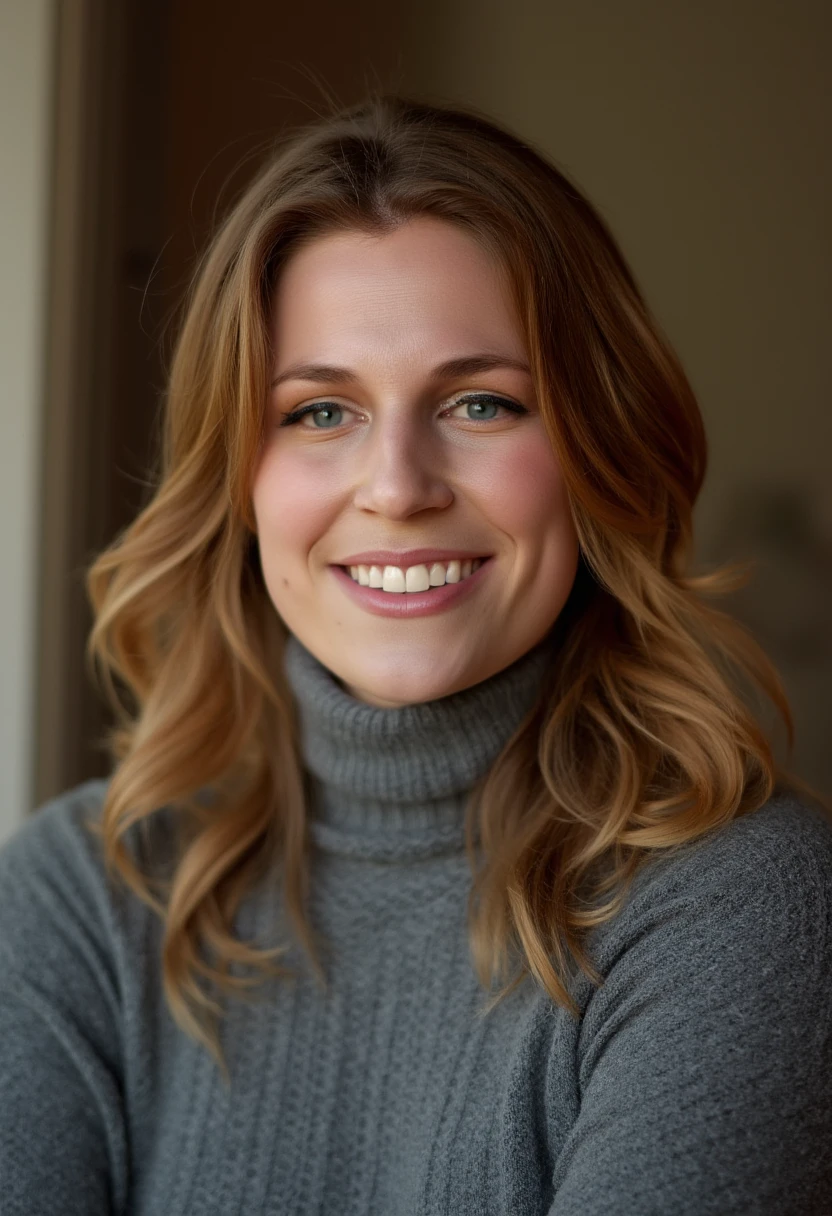 Xev Bellringer is captured in a professional close-up portrait indoors, wearing a cozy grey turtleneck sweater. The lighting is warm and softly diffused, highlighting her features and creating a gentle glow on her face. The background is a neutral, blurred tone, allowing her vibrant hair and expressive eyes to stand out. Her expression is relaxed and inviting, with a slight smile that brings warmth and elegance to the image