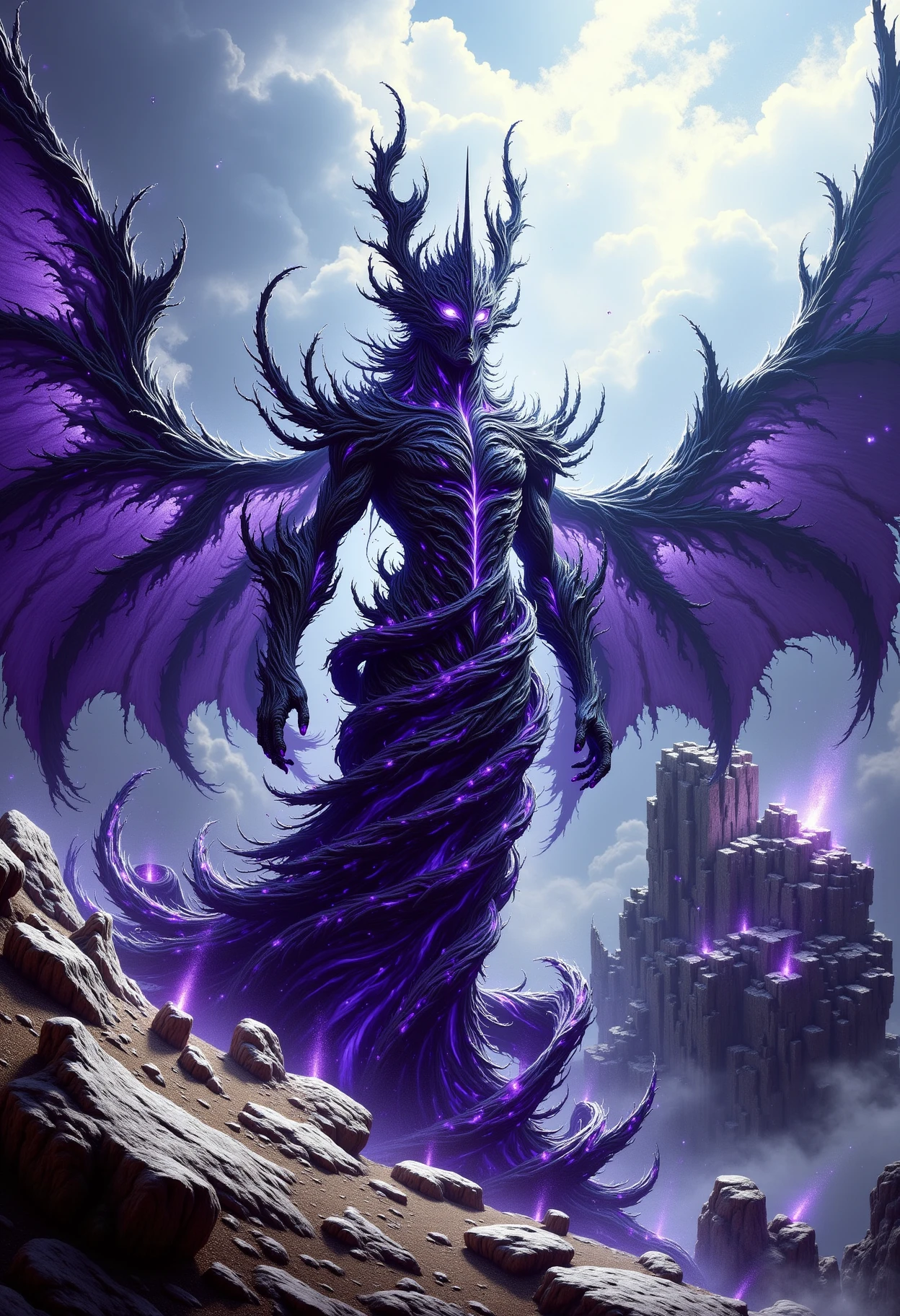 DonM3l3m3nt4lFX,an elemental of purple elven void. Elemental Kingdom background scenery.