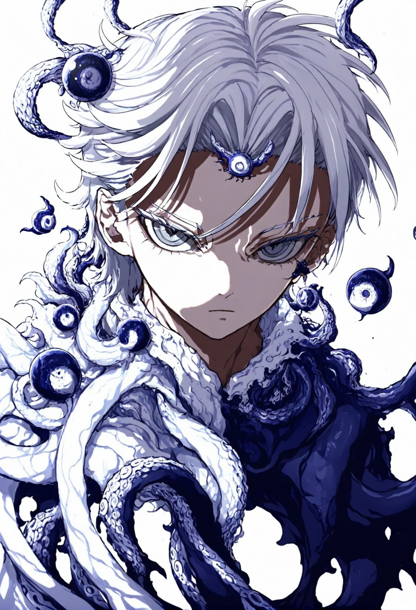 masterpiece, best quality,solo, 1boy, male focus, looking at viewer, short hair, closed mouth, hair between eyes, white hair, tentacles, grey eyes, eyeball, portrait, blue theme, expressionless 
<lora:OsuXLlokr4f-000185:0.95>