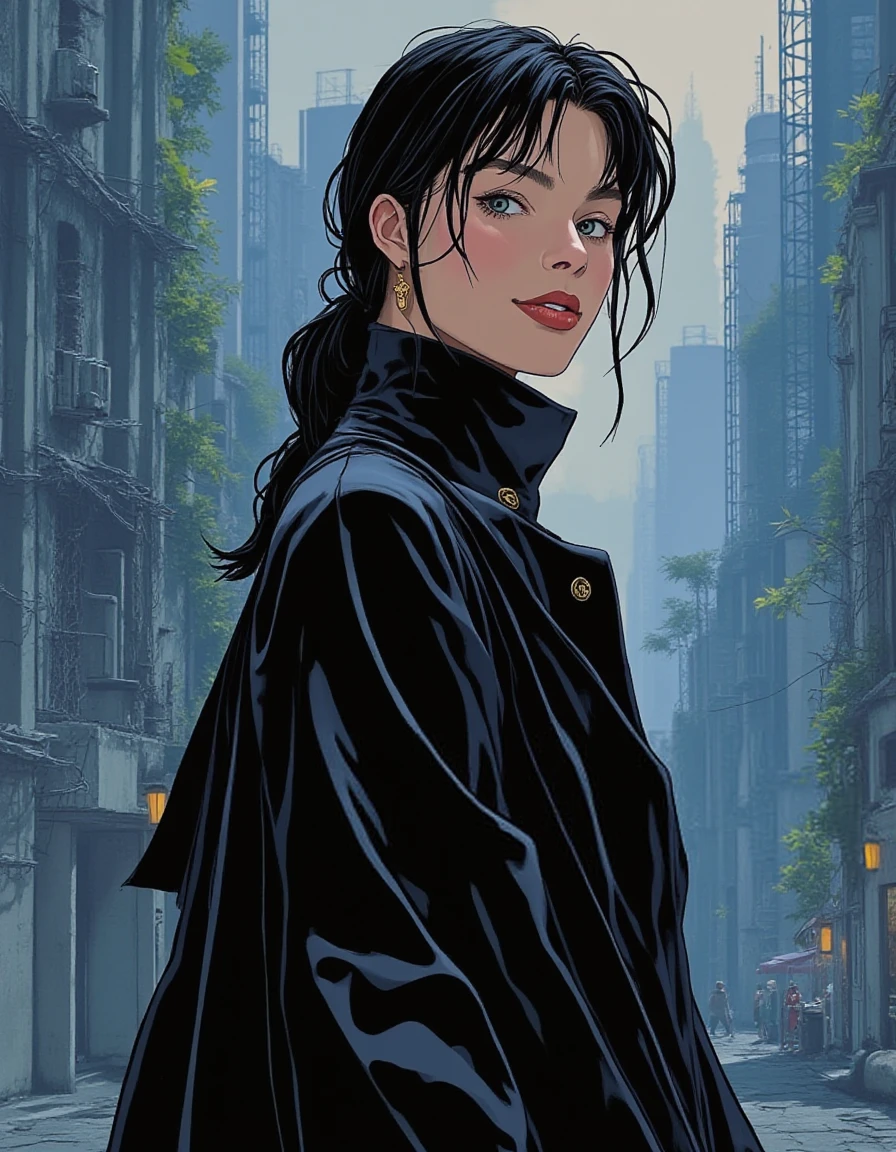 ((Retro 90s Anime style illustration)) drawing of a closeup on face of woman wearing a long black trench-coat futuristic city in the background in the style of the 90s anime Akira.   <lora:Margot_Robbie_2016_FLUX_v1-000037:1>