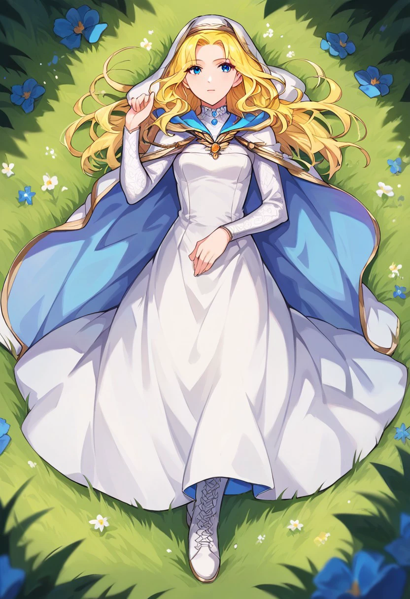 1girl, solo, alone, score_9, score_8_up, score_7_up, masterpiece, high quality, source_anime, very detailed, depth of field, cinematic illumination, full color picture, vibrant colors, solo, alone,
NatFEH, blonde hair, long hair, blue eyes, blue gemstone, gold brooch, two-sided fabric, hooded cloak, white hood, hood up, white cloak, blue cloak, long sleeves, white dress, long dress, white footwear, white boots,
lying, on back, facing forward, full body, open field, forest, grass, picnic, relaxing, bright, sunny day,