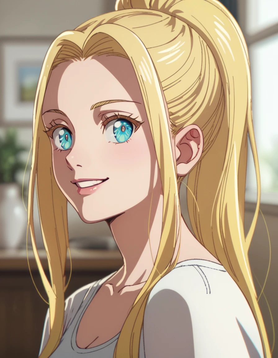 Beatrix, long hair, blonde hair, blue eyes, smile, portrait,  <lora:Zom100:1>  score_9, score_8_up, score_7_up, score_6_up, score_5_up, score_4_up, source_anime,  ,