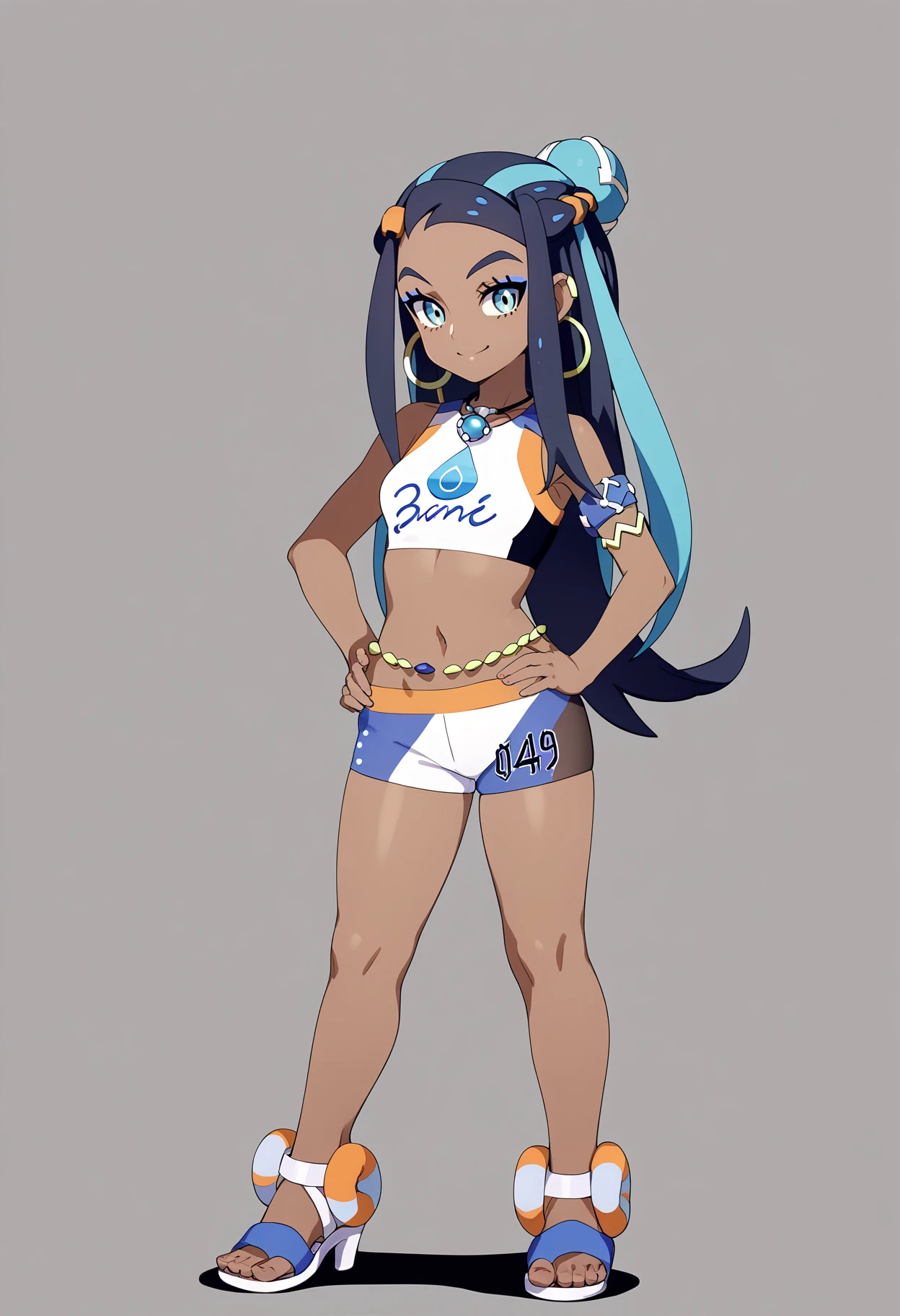 score_9, score_8_up, score_7_up, BREAK,
1girl, nessa, black hair, blue hair, long hair, multicolored hair, blue eyes, blue hair,dark skin, single hair bun,
armlet, belly chain, bikini, crop top, shorts, single glove, hoop earrings, necklace, midriff, navel, sandals,
hands on hips, smile, full body, standing, looking at viewer, solo, simple background, white background   <lora:NessaXL:1>