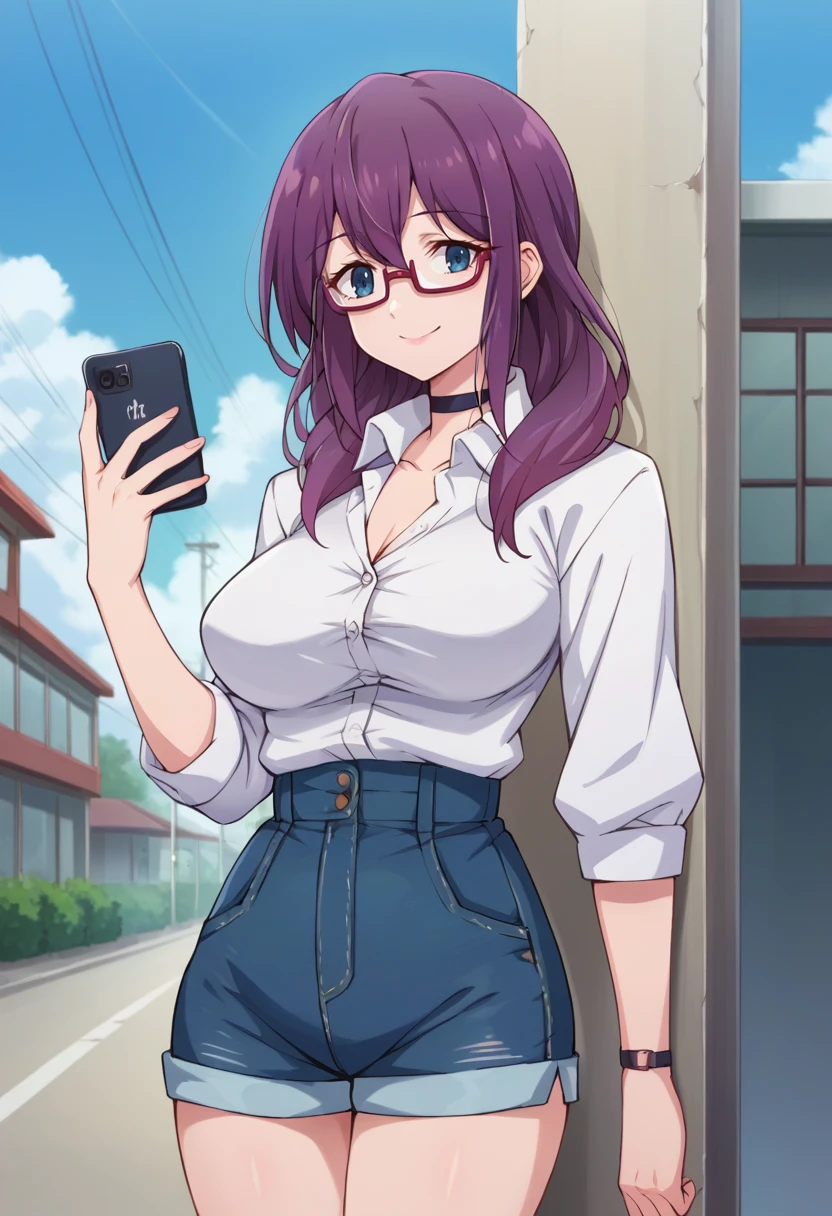 score_9, score_8_up, source_anime, 1girl, solo, TaekoNagafuji, long hair, glasses, white shirt, dress shirt, black choker, holding cellphone, denim shorts, high-waist shorts, outdoors, smile, <lora:ChamTaekoNagafujiPonyXL:1>