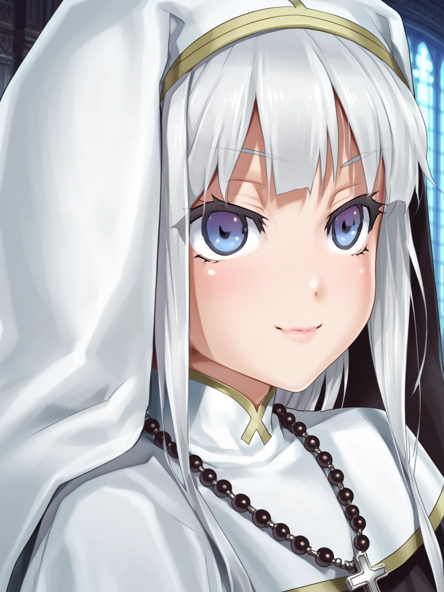 <lora:happy_tentacle-kirie-v0.2-000020:0.9>, ht_kirie (blue eyes:0.6), nun, habit, necklace, rosary, church, hood down , 1girl, solo, portrait , wide-eyed , ( smile :1.1), , looking away , , from side , score_9, score_8_up, score_7_up, score_6_up, score_5_up, score_4_up