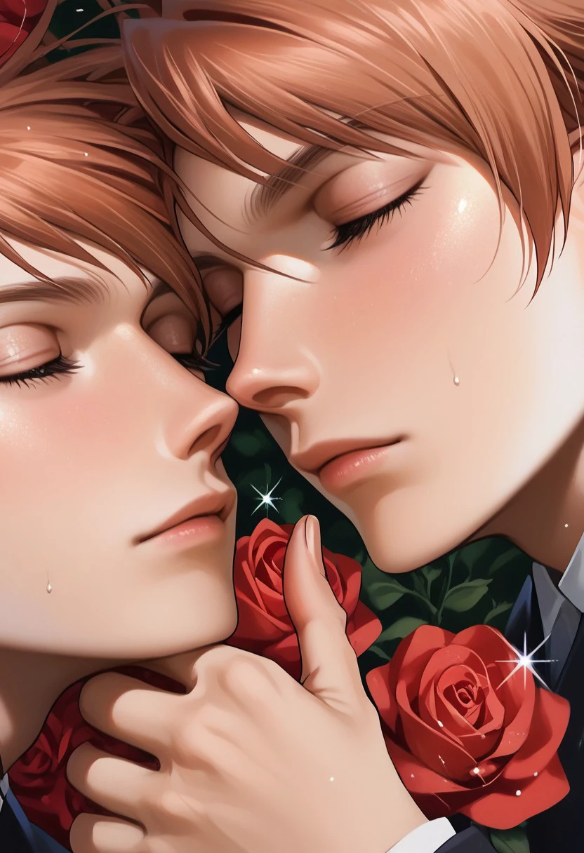 score_9, score_8_up, score_7_up, source_anime, rating_safe, sparkles, hand on chin, HitachiinOHHC, closed eyes, brown_Hikaru_hair, brown_Kaoru_hair, 2boys, twins focus, close-up, roses, realistic shading,