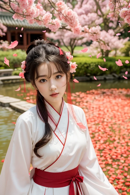 1girl,hanfu,chinese garden,ultra-detailed,extremely delicate and beautiful,(by exquisite colors block),masterpiece,best quality,unreal engine 5 rendering,movie light,movie lens,movie special effects,detailed details,HDR,UHD,(8K:0.9),CG wallpaper,<lora:luohua_002b:0.7>,hxluohua,falling_petals,red petals