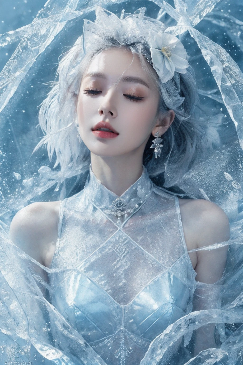 (flower:1.3),(Masterpiece, high quality, best quality, official art, beauty and aesthetics:1.2),ice cone,ice circle,1girl,solo,Ice wraps around the girl (lingering:1.2),((flat color)),{{ink splashing}},frost nova,ice ring,a bit like circular magic,facing camera,<lora:ice cake_20231126200433-000018:0.6>,extremely detailed 8K wallpaper,(an extremely delicate and beautiful),intricate detail,exquisite eyes,sky,ice bound,ice cake,closed eyes,ice cracks,