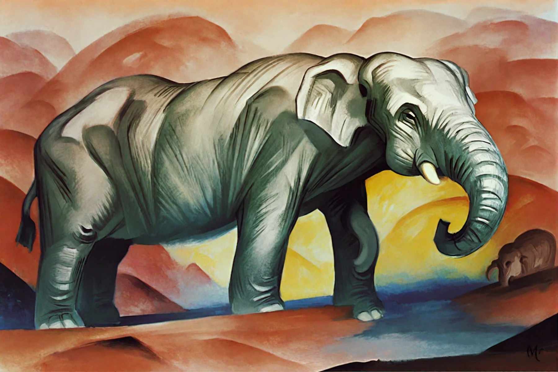 <lora:franz-marc_pony_v3:1> ' elephants and mammoths ' by Marc Franz  in 1912, animal painting \(genre\),Expressionism \(style\), animals, score_9, score_6_up, score_7_up