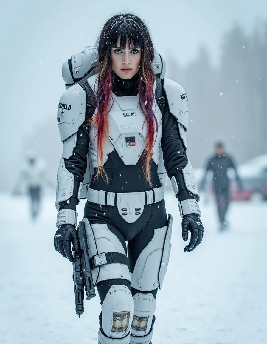 a stunning female space marine, dark multicoloured hair with various coloured highlights, bangs, white winter camouflage body armour, assault pistols in holsters, walking in a snowstorm on an icy, snowy plain, thick snow falling, snow settling on their hair and armour, cowboy shot, High Detail, Perfect Composition, dramatic lighting, high contrast