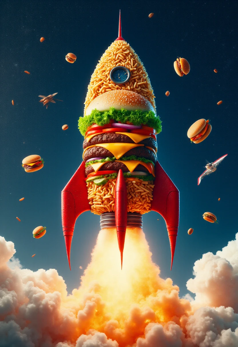 USAworldmorph, a rocket ship made of fast food flying in space.  