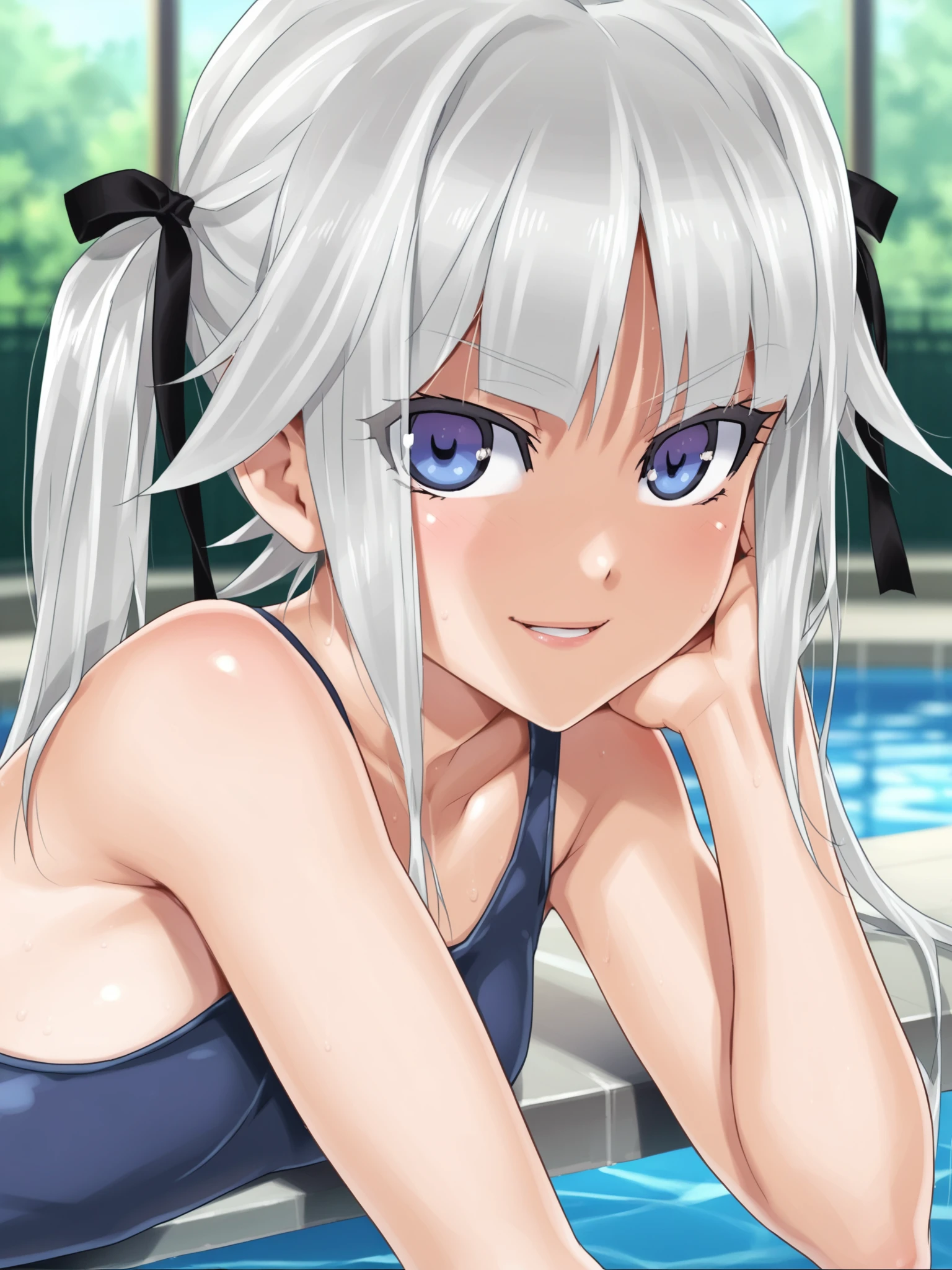 <lora:happy_tentacle-kirie-v0.2-000020:0.9>, ht_kirie (blue eyes:0.6), twintails, (hair ribbon, black ribbon:0.6), school swimsuit, blue one-piece swimsuit, outdoors, pool, , 1girl, solo, portrait , , ( smile :1.1), , looking at viewer , , , score_9, score_8_up, score_7_up, score_6_up, score_5_up, score_4_up