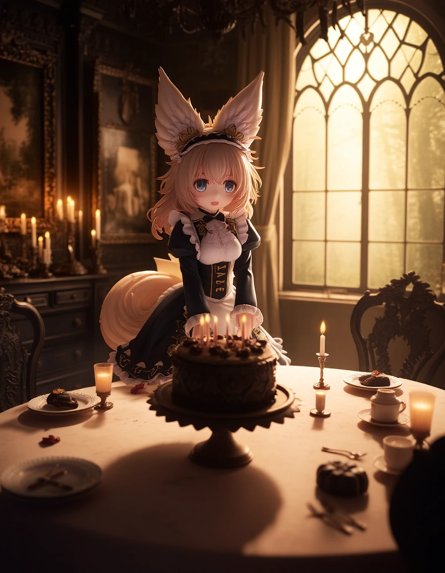 cute anime girl with massive fluffy fennec ears and a big fluffy tail blonde messy long hair blue eyes wearing a maid outfit with a long black gold leaf pattern dress and a white apron mouth open placing a fancy black forest cake with candles on top of a dinner table of an old dark Victorian mansion lit by candlelight with a bright window to the foggy forest and very expensive stuff everywhere there are paintings on the walls