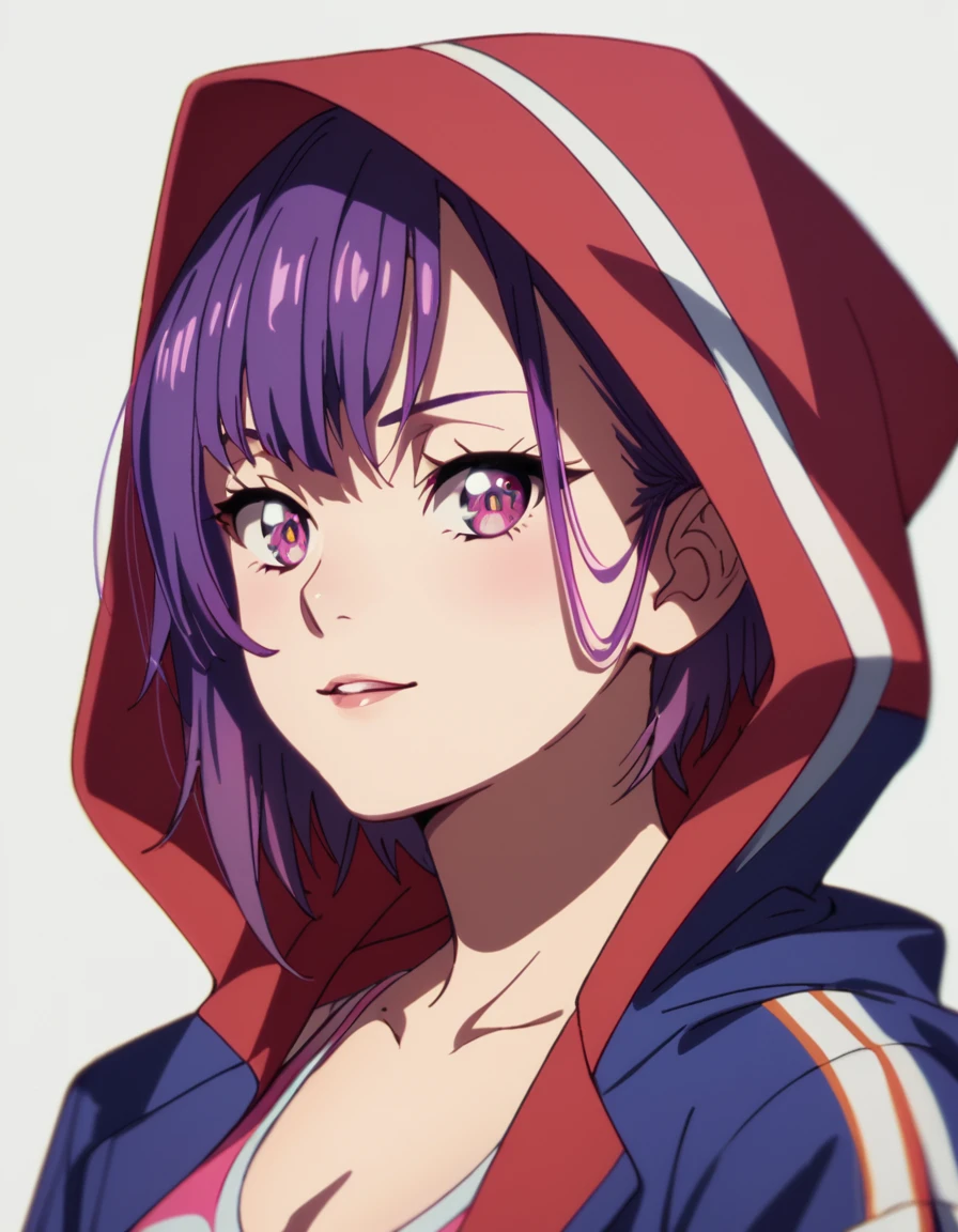 Shizuka, short hair, purple eyes, purple hair, hood up,  <lora:Zom100:1>  score_9, score_8_up, score_7_up, score_6_up, score_5_up, score_4_up, source_anime,  ,