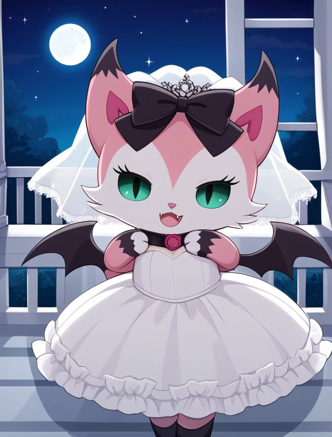 score_10, score_9_up, score_8_up, Vampire_Mia, 1girl, solo, looking at viewer, smile, open mouth, bow, green eyes, tail, hair bow, wings, no humans, sparkle, black bow, :3, night, fangs, moon, cat, bat wings, full moon, body fur, church, wedding dress, wedding veil