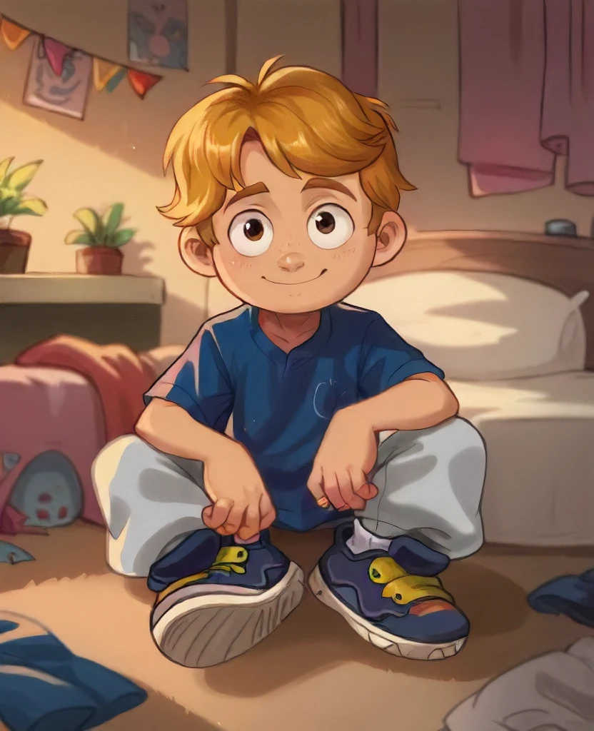 score_9, score_8_up, score_7_up, 1boy, solo, Aaron Mitchell, child, blue t-shirt, grey pants, shoes, white socks, looking at viewer, sitting, bedroom, detailed background, flat colors, 