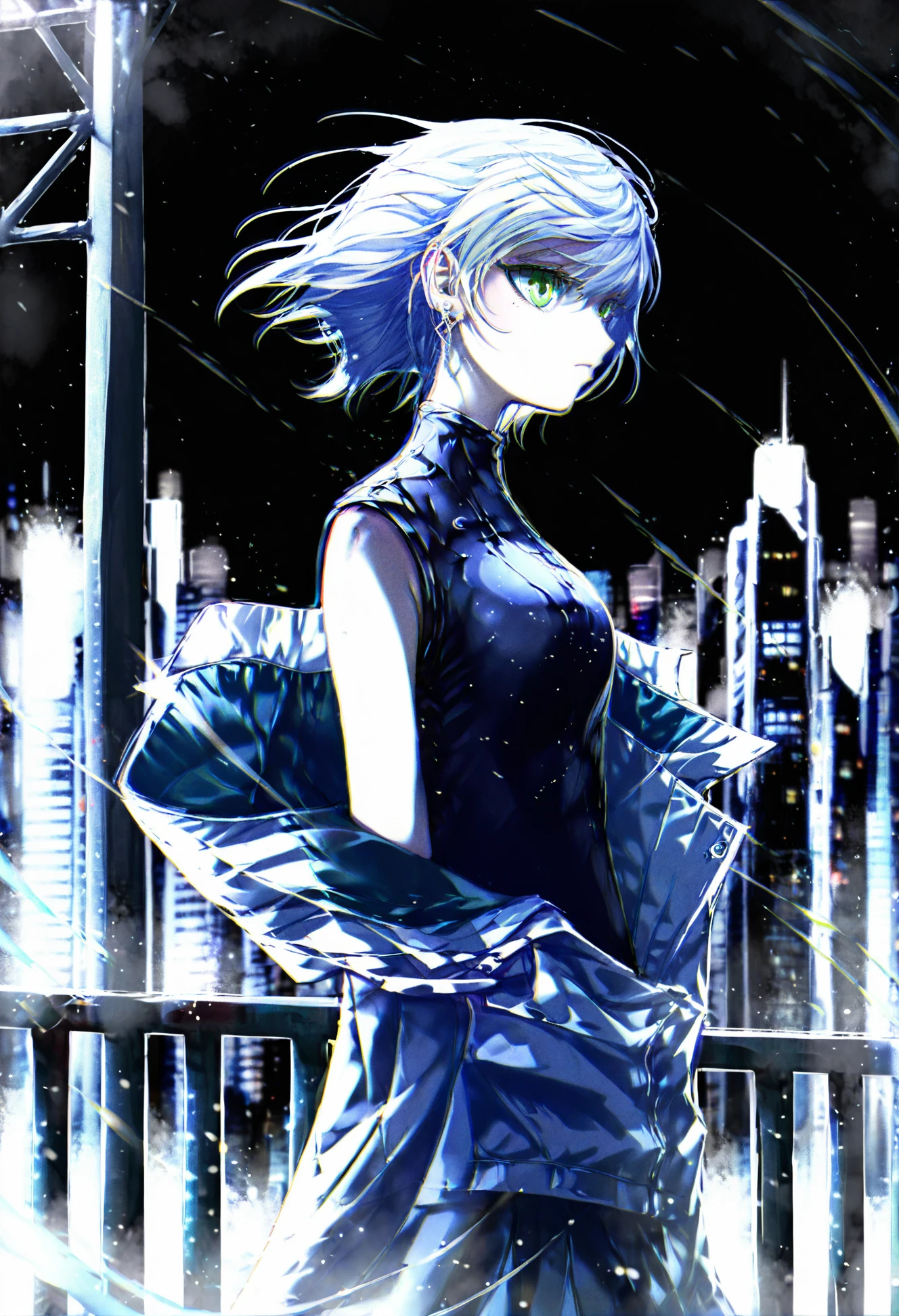 masterpiece, best quality,1girl, solo, sleeveless, short hair, jacket, night, green eyes, white hair, building, railing, sky, city, shirt, outdoors, closed mouth, cityscape, earrings, off shoulder, wind, jewelry, sleeveless shirt, black shirt, night sky, city lights, from side 
<lora:OsuXLlokr4f-000185:0.95>