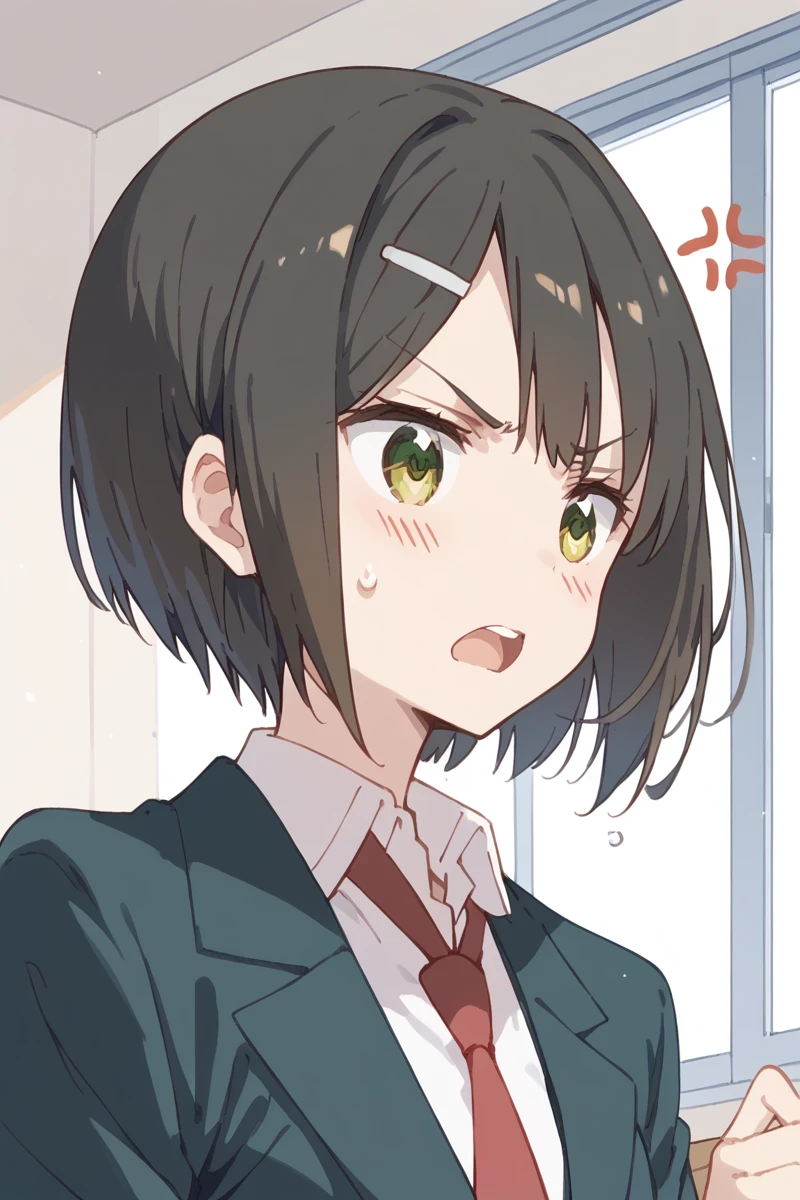 score_9, score_8_up, score_7_up, score_6_up,
 <lora:Kaede_Ikeno:1> kaede, solo, necktie, black hair, hair ornament, green eyes, hairclip, bob cut, school uniform, anger vein, open mouth, sweatdrop