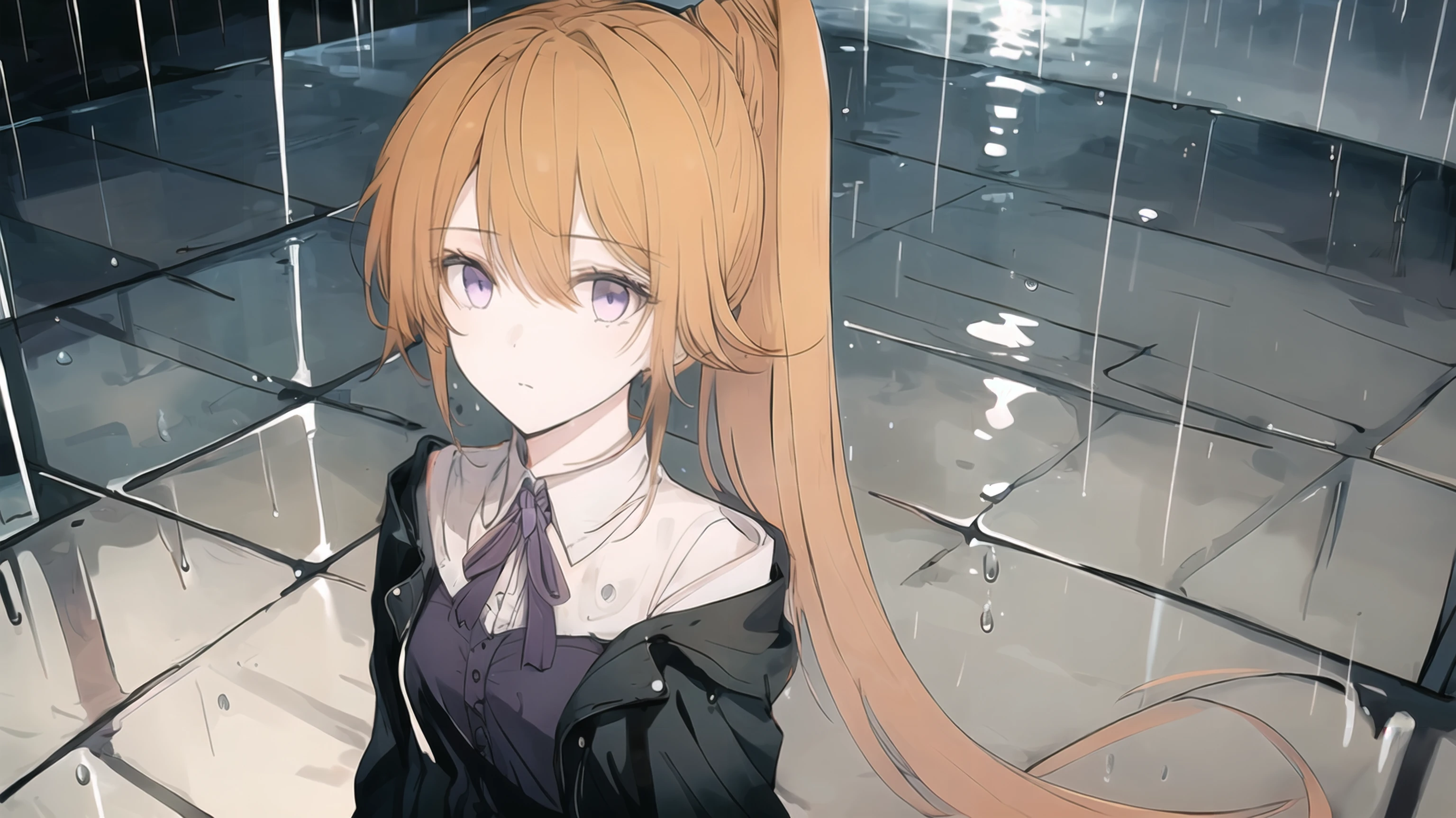 1girl, solo, fienesoc, pale orange hair, purple eyes, ponytail, long hair, simple background, beautiful detailed eyes, standing, from above, rainy, rain, light, looking at another, wide shot, long_shot
<lora:Fiene-StoryofClauka:0.8> <lora:offset_p-0.5-0.1:0.35> <lora:add_detail:0.25> <lora:cat girl:0.5> <lora:Hitoimim_v2:0.5> <lora:hiten_style:0.8> hiten style,