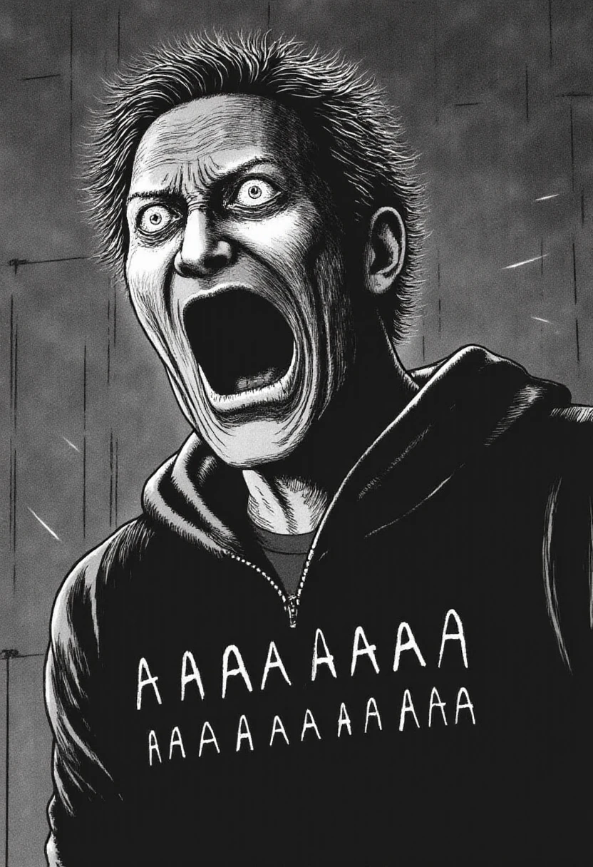 A man screaming with the text "AAAAAAAAAAAAAAAAAAAAAAAAAA" in monochrome jitostyle.    <lora:Junji_Ito_Style_F1D:1.3>