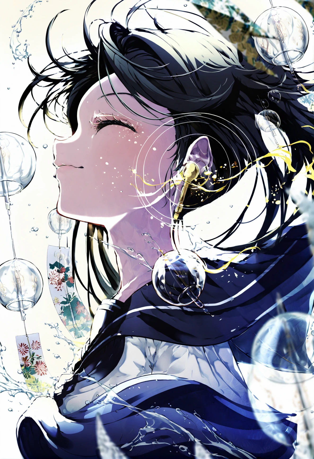 masterpiece, best quality,1girl, closed eyes, solo, black hair, school uniform, serafuku, long hair, sailor collar, from side, closed mouth, wind chime, upper body, black sailor collar, smile, white background, shirt, profile, floating hair, white shirt, neckerchief 
<lora:OsuXLlokr4f-000185:0.95>