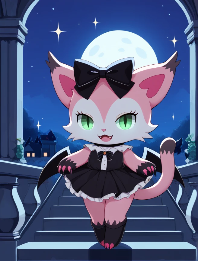 score_10, score_9_up, score_8_up, Vampire_Mia, 1girl, solo, looking at viewer, smile, open mouth, bow, green eyes, tail, hair bow, wings, no humans, sparkle, black bow, :3, night, fangs, moon, cat, bat wings, full moon, body fur, mansion, night dress, glowing eyes, claws