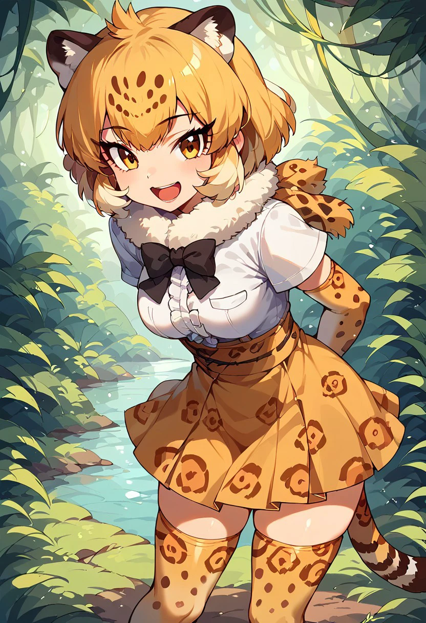 1girl, ((solo)) best quality, ultra-detailed, extremely detailed, perfect anatomy, masterpiece, score_9, score_8_up, score_7_up, jaguar (kemono friends), animal ears, jaguar ears, blonde hair, short hair, bangs, jaguar print, multicolored hair, tail, jaguar tail, white shirt, frills, skirt, high-waist skirt, print skirt, fur collar, center frills, gloves, elbow gloves, print gloves, short sleeves, black bowtie, thighhighs, animal print, print legwear, shoes, open mouth smile, happy, looking at viewer, in the jungle, jungle river, jungle with a river background, standing, hands at sides,