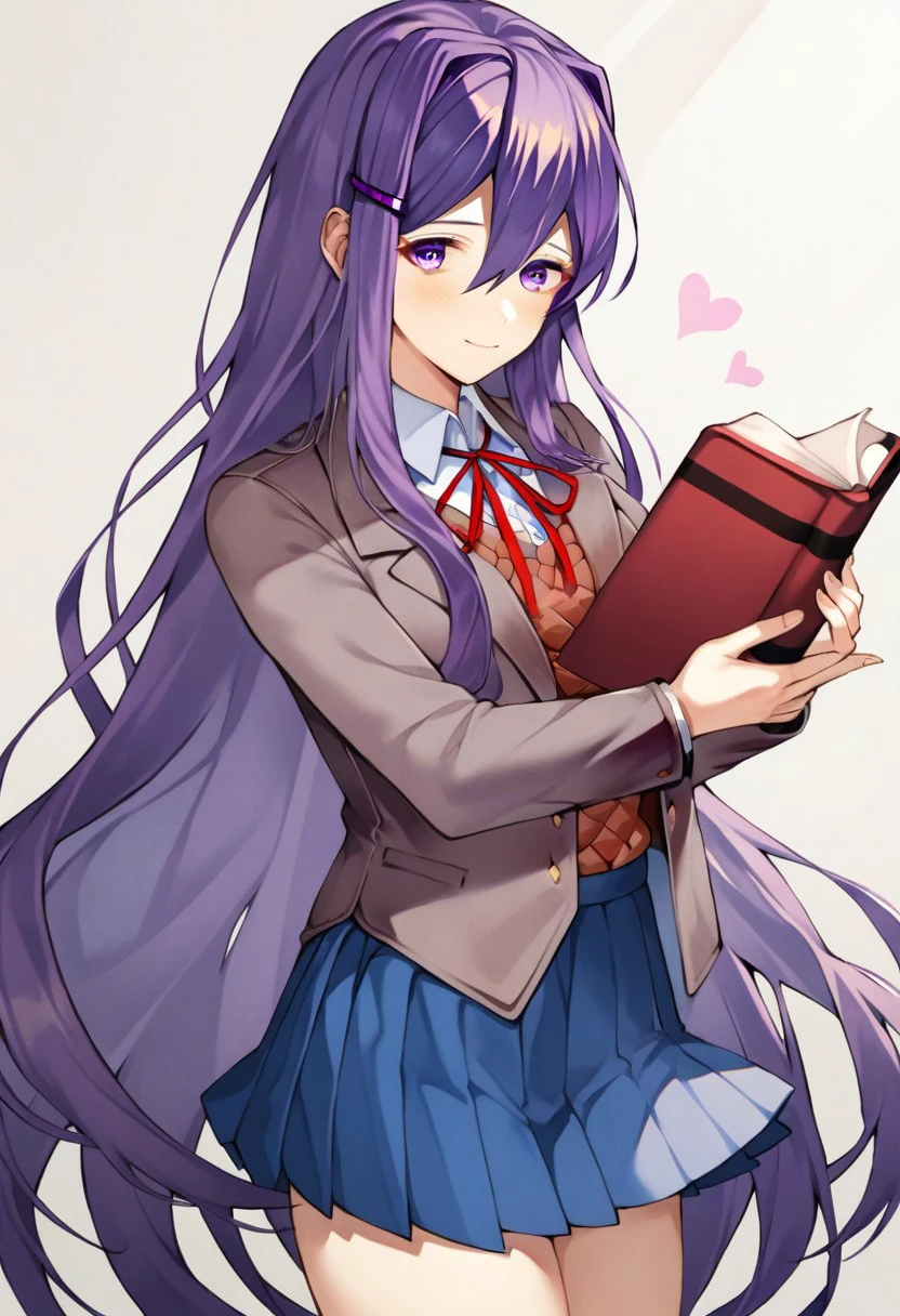 score_9, score_8_up, score_7_up, source_anime, YURI (DOKI DOKI LITERATURE CLUB), YURI SCHOOL UNIFROM, 1girl, solo, long hair, looking at viewer, blush, smile, bangs, skirt, simple background, shirt, hair ornament, long sleeves, white background, ribbon, holding, hair between eyes, very long hair, closed mouth, school uniform, purple eyes, jacket, white shirt, purple hair, heart, cowboy shot, pleated skirt, hairclip, collared shirt, english text, blue skirt, book, neck ribbon, wing collar, cropped legs, holding book, grey jacket, yuri \(doki doki literature club\)