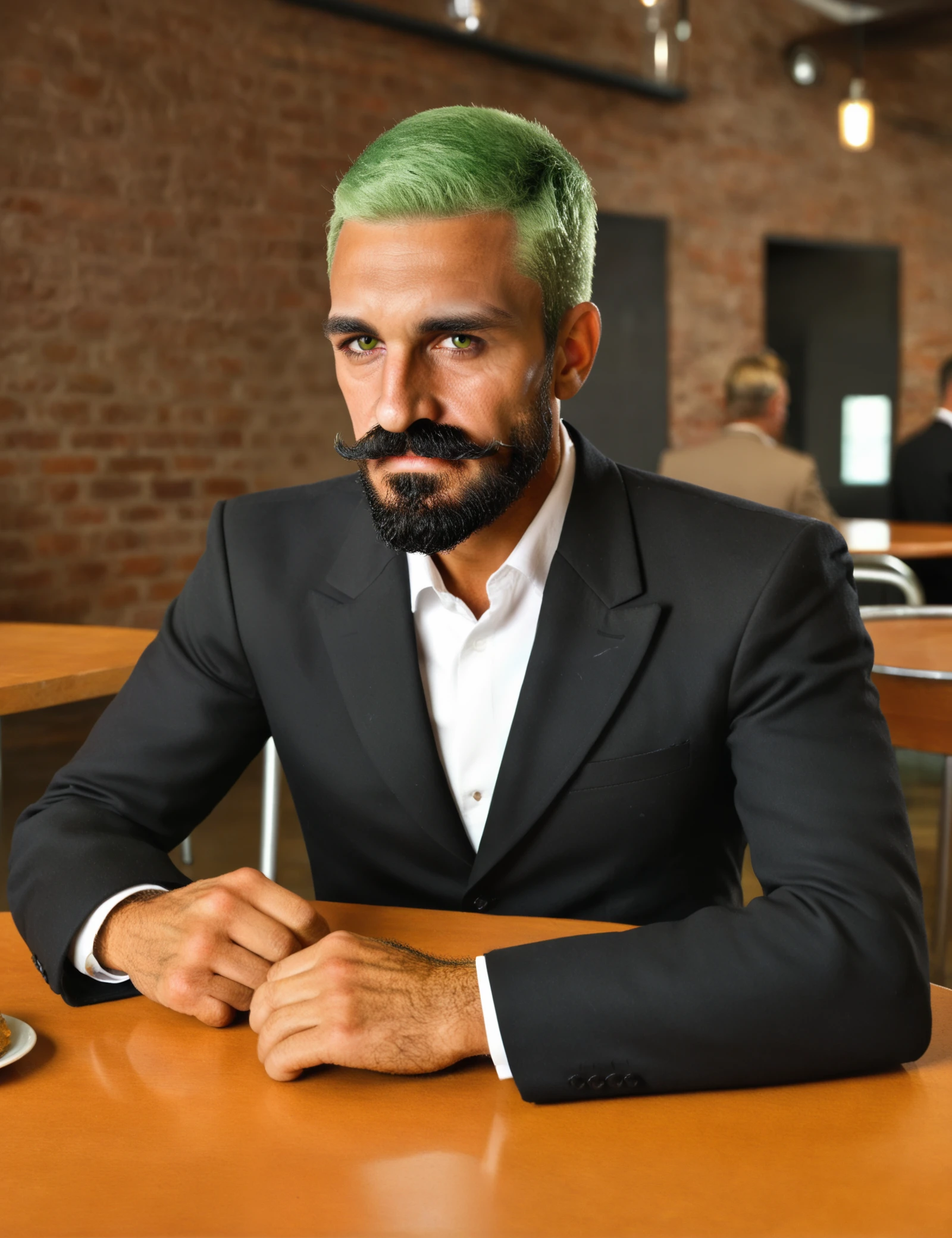 carlosvibrant, thick brows, male focus, green brown eyes, short blonde hair, black mustache, black short beard, spanish, latin, looking at viewer, wear a black suit, sitting in a café <lora:CarlosVibrant:0.85>