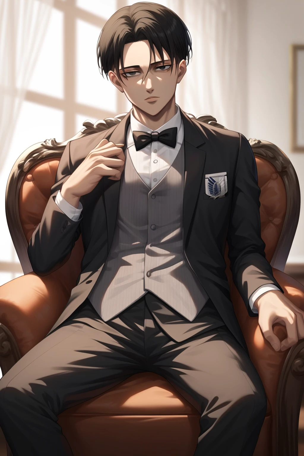 score_9, score_8_up, score_7_up, source_anime, highly detailed, novel illustration, wallpaper, beautiful details,levi ackerman, 1boy, black hair, black eyes, curtained hair, solo, looking at viewer, formal suit, tuxedo, black pants, sitting on armchair, indoors,,