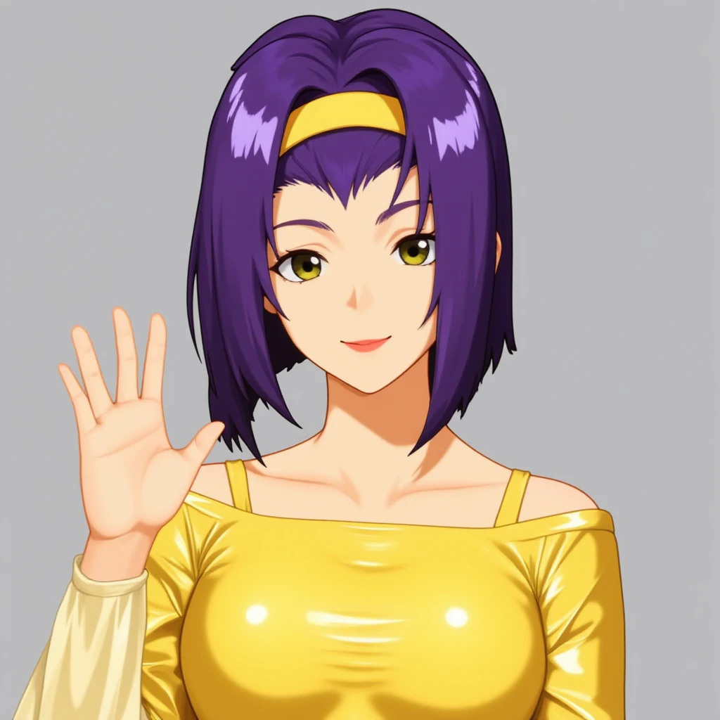 a woman is waving at the camera, face, 

anime, from front, cowboy shot, 1girl, faye valentine, enjoying,

purple hair, tied hair, headband,

yellow plastic shirt, 