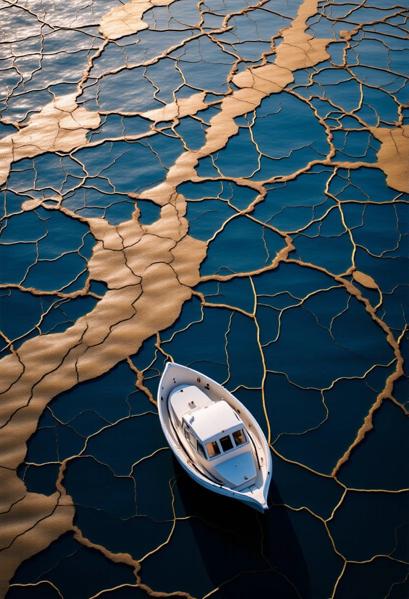 A photo of a boat on a river, cracked gold joinery in the waves