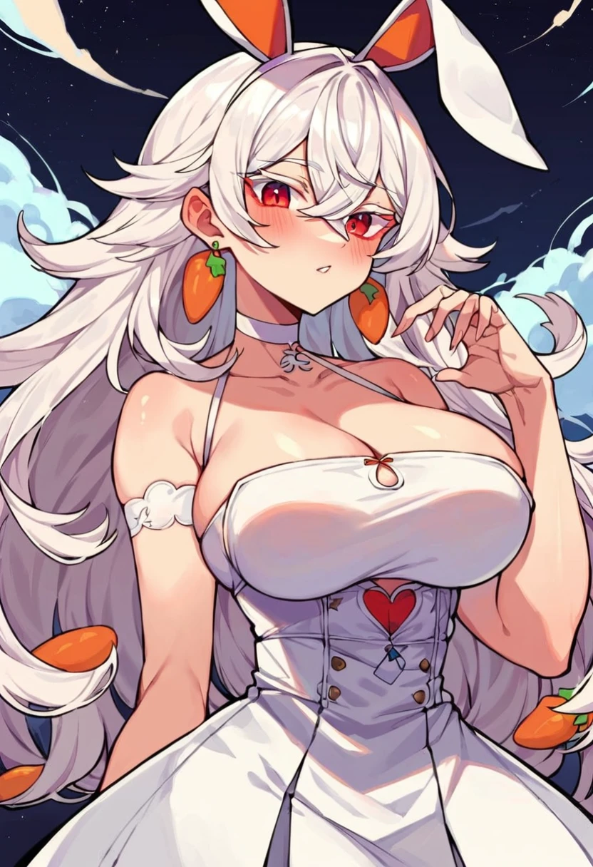 score_9, score_8_up, score_7_up, rating safe, 2D, flat colors, flat shading, virtual youtuber, nous, (indie vtuber), carrot earrings, long hair, big breasts, breasts, looking at viewer, blush, white hair, hair between eyes, hair intakes, red eyes, white eyelashes, colored eyelashes, white choker, dynamic pose, posing for the camera, <lora:Character_Nous:0.25>