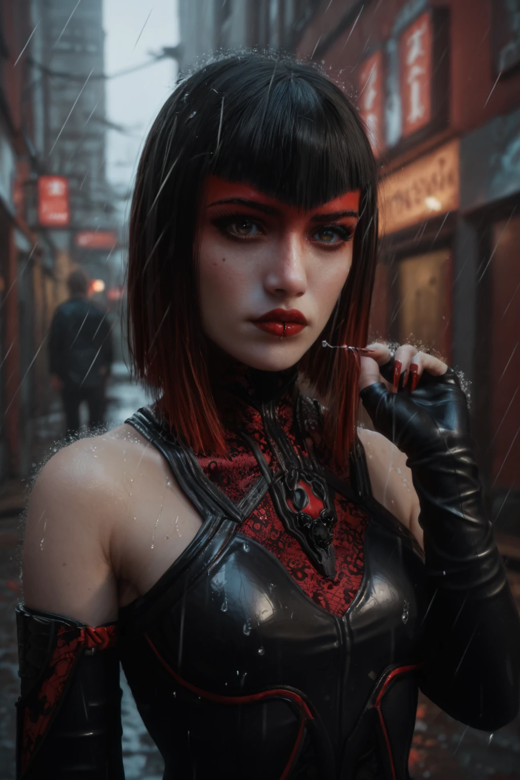 Neon noir ((Glamour Portrait)),(score_9, score_8_up:1.1),score_7_up,
 <lora:Countess_-_Paragon_-_PONY_-_Deal_project_nsfwsfw:0.9>1girl, Count3ss Parag0n, Short black bob hairstyle, long bob cut, straightened, neat hair, red-tinted highlights on the hair ends, Subtle jewelry, elegant dark accessories, lower lip piercing.
Very dark sharp background.
delicate hand, sparkling rings, long manicured nails, slender fingers, glossy nails, soft light reflections, silk glove, shimmering bracelet, luxurious fabric, refined skin tone, subtle wrist tattoo, red-tinted nails, velvet surface, elegance, mystery, intricate ring design, pearl bracelet, timeless gesture, deep rich nail color, strand of pearls, visible delicate veins, single elegant ring, soft feminine curves, almond-shaped nails, shimmering skin, luxurious backdrop, vintage wrist bracelet, poised polished nails, subtle skin highlights.
Traditional Silk Qipao, Modern Lace Qipao, Velvet Winter Qipao., RAW candid cinema, 16mm, color graded portra 400 film, remarkable color, ultra realistic, textured skin, remarkable detailed pupils, realistic dull skin noise, visible skin detail, skin fuzz, dry skin, shot with cinematic camera . Cyberpunk, dark, rainy streets, neon signs, high contrast, low light, vibrant, highly detailed