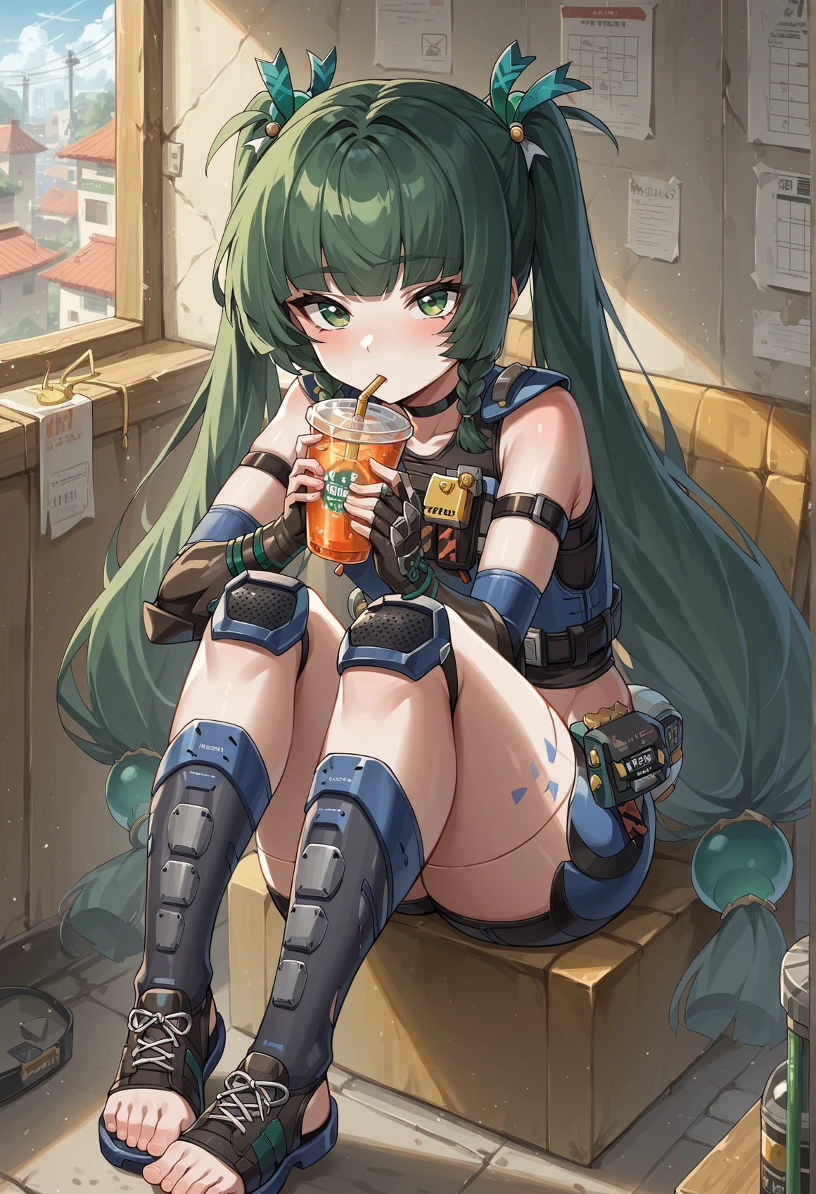 1girl, very long hair, green hair, green eyes, twintails, hair ornament, body markings, humanoid robot, robot joints, armor, load bearing vest, pouch, sleeveless, gauntlets, fingerless gloves, shorts, knee pads, kneehighs, toeless legwear, sitting, holding battery, drinking straw, looking at viewer, indoors, apartment <lora:Qingyi_ZZZ:1>, score_9, score_8_up, score_7_up, score_6_up, score_5_up, score_4_up, BREAK source_anime, masterpiece