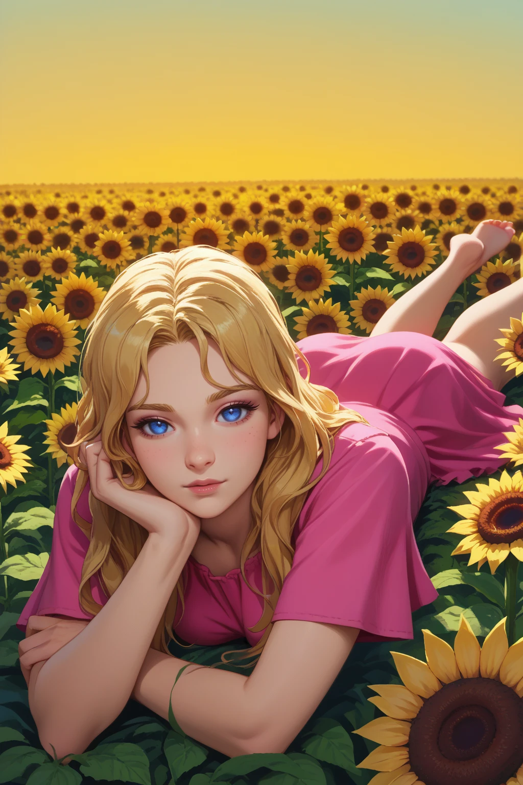 score_9, score_8_up, score_7_up, BREAK 1girl, solo, <lora:NSLillyKatawa:1> NSLillyMisc, blue eyes, blind, no pupils, blonde hair, pink dress, lying, sunflowers, flower field, on stomach, looking at the viewer