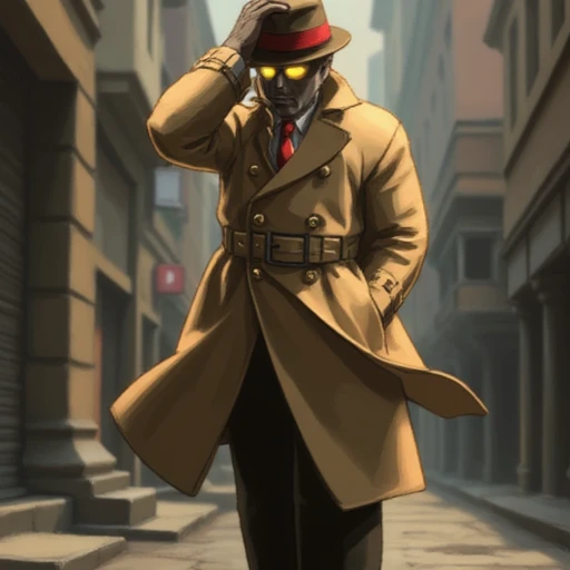 q (street fighter), holding hat, fedora, from side, hand in pocket, glowing yellow eyes, black pants, trench coat, hat, facing viewer, walking