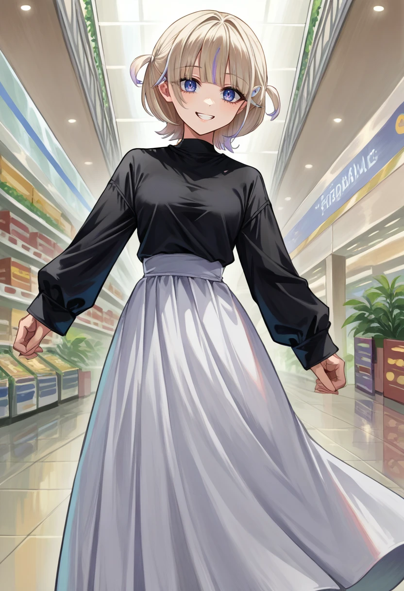 score_9, score_8_up, source_anime, 1girl, solo, TodorokiHajime, multicolored hair, short hair, two side up, hairclip, high-waist skirt, long skirt, white skirt, black shirt, long sleeves, smile, standing, indoors, shopping mall, <lora:ChamTodorokiHajimePonyXL:1>