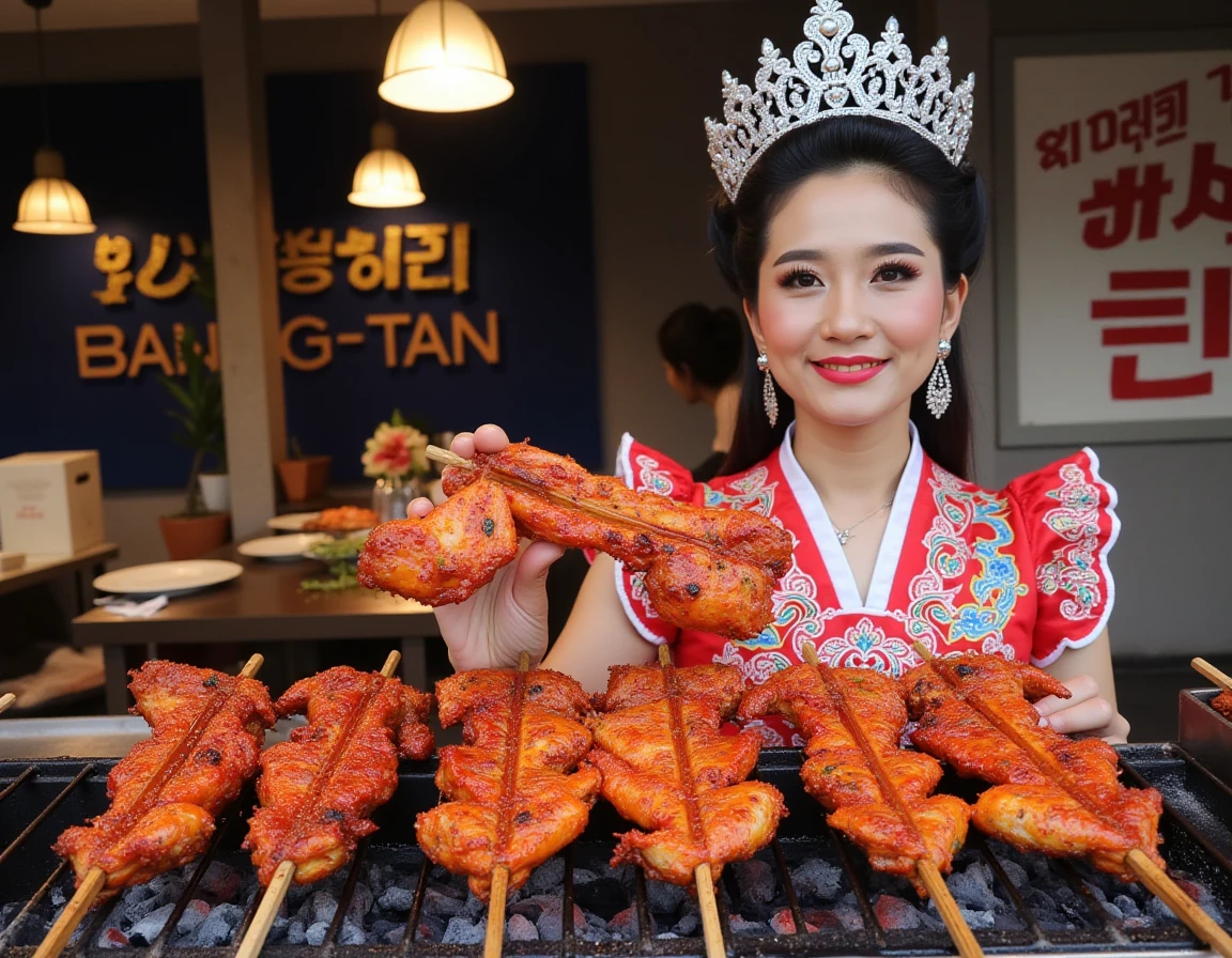 korean  woman wearing likay costume, intricate embroidery, ornate crown, puffed sleeves <lora:lora:0.8>
standing front of 
bangtan grilled chicken skewers <lora:bangtan_flux_v1:0.8>
a group of chicken skewers being cooked on a grill. The skewers are arranged in a row and are covered in a red sauce. The chicken appears to be seasoned with herbs and spices, and the sauce is bubbling on the grill.The grill is covered in charcoal
appear bold text with "Kai-yang-BANG-TAN"