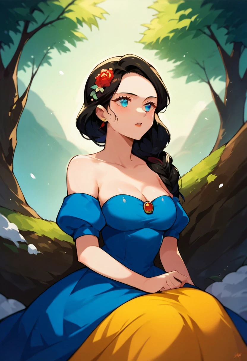 score_9, score_8_up, score_7_up, source_anime, snow white (grimm), outdoors, bare shoulders, sitting, cleavage, jewelry, tree, upper body, hair flower, medium breasts, blue dress