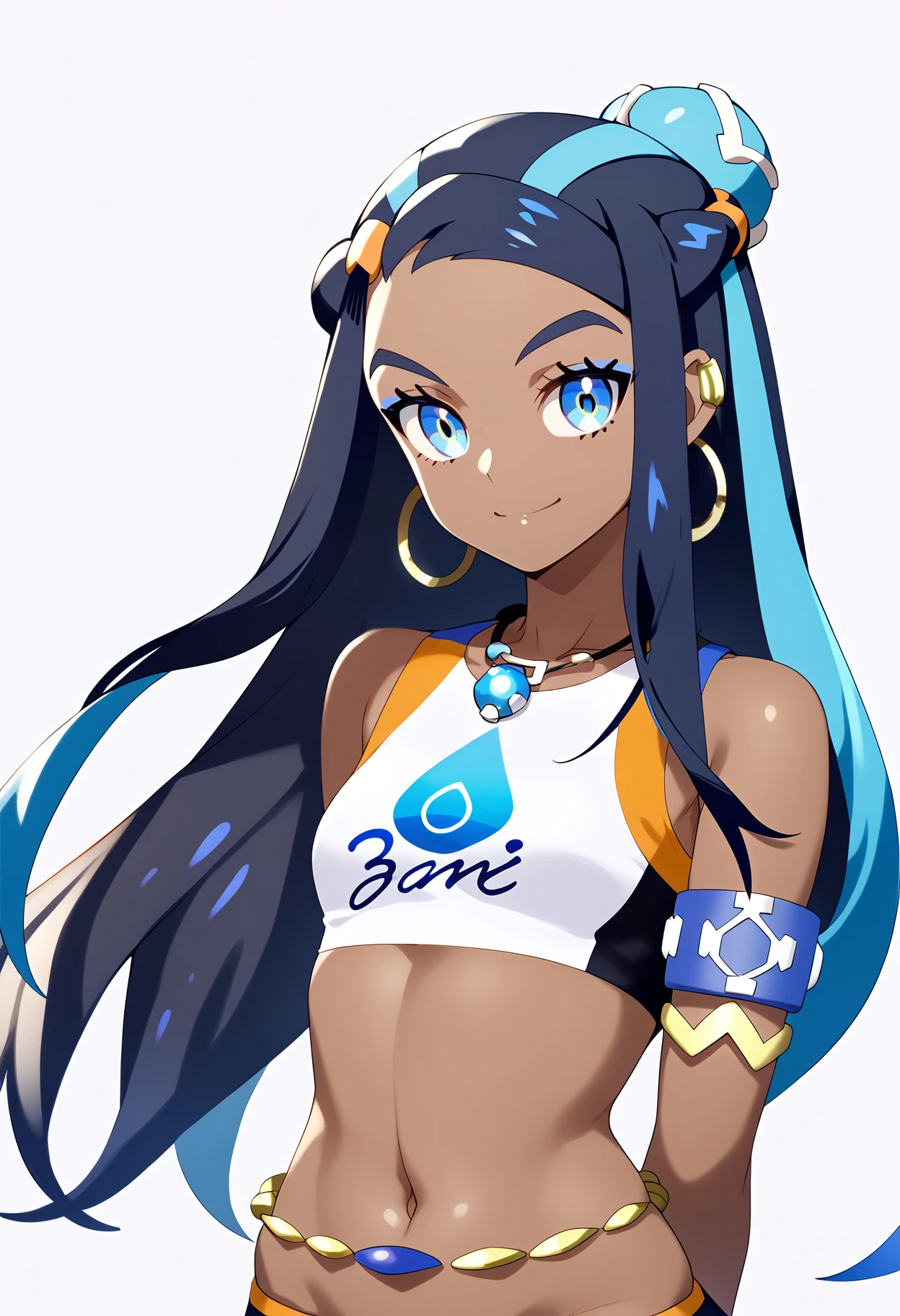 score_9, score_8_up, score_7_up, BREAK,
1girl, nessa, black hair, blue hair, long hair, multicolored hair, blue eyes, blue hair,dark skin, single hair bun,
armlet,  crop top, hoop earrings, necklace, belly chain,
arms behind back, smile, upper body, standing, looking at viewer, solo, simple background, white background   <lora:NessaXL:1>